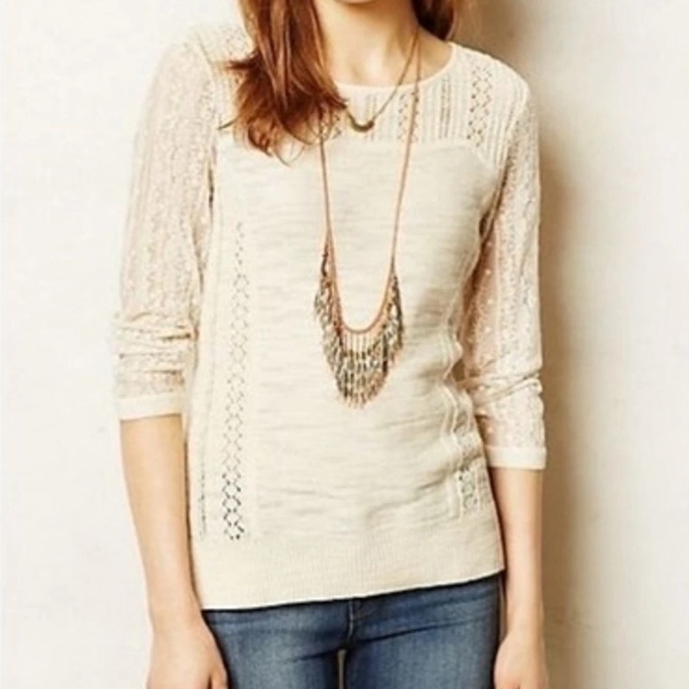 Knitted & Knotted Coquette Cream Lace Sleeve Sweater Texture Cotton Rear Zip SzM - Picture 2 of 16